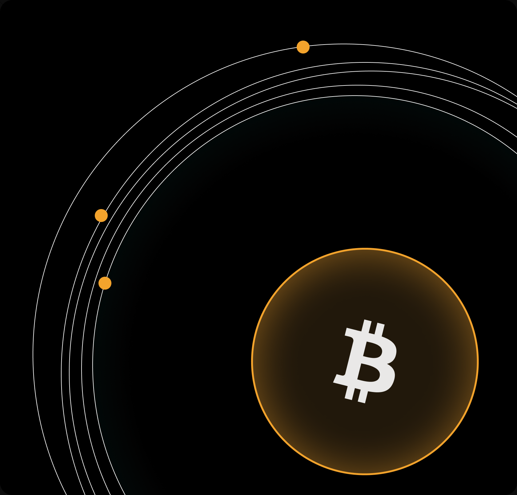 Bitcoin symbol as a planet with orange dots orbiting around it