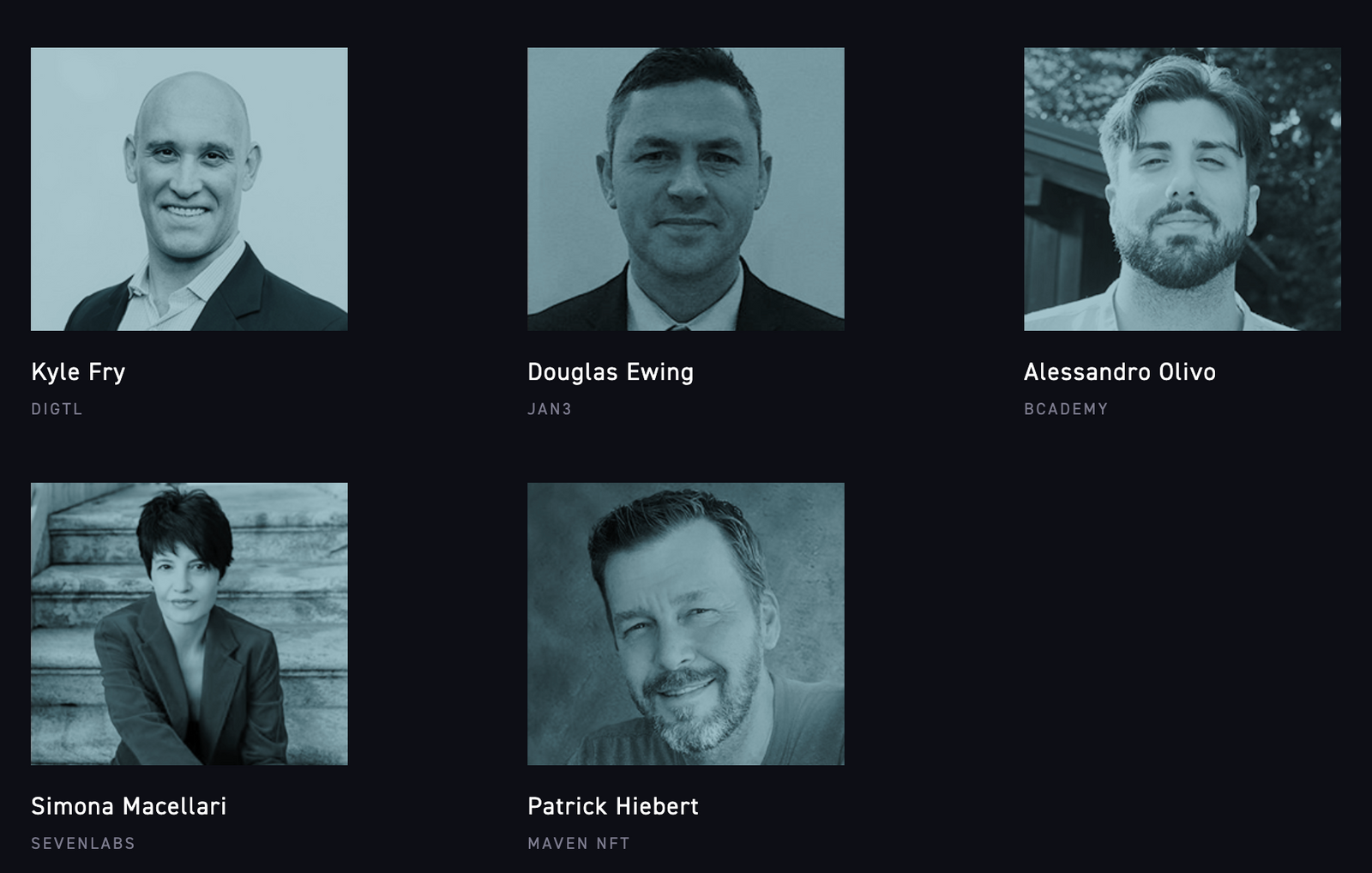 Green-tinted headshots of Liquid Federation membership board members Kyle Fry, Douglas Ewing, Alessandro Olivo, Simona Macellari and Patrick Hiebert with black background