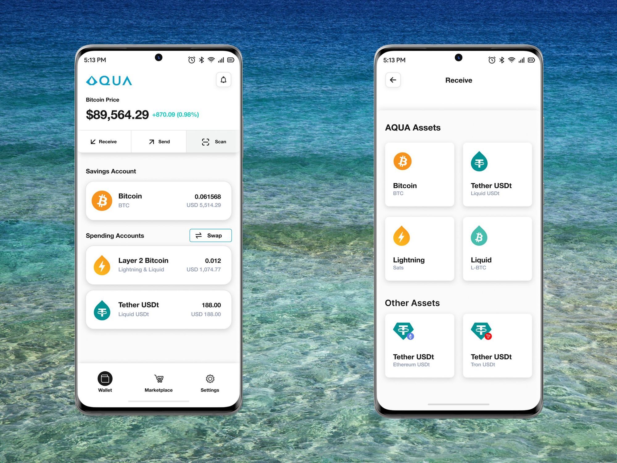 AQUA Bitcoin wallet app on Android phones with ocean water background.