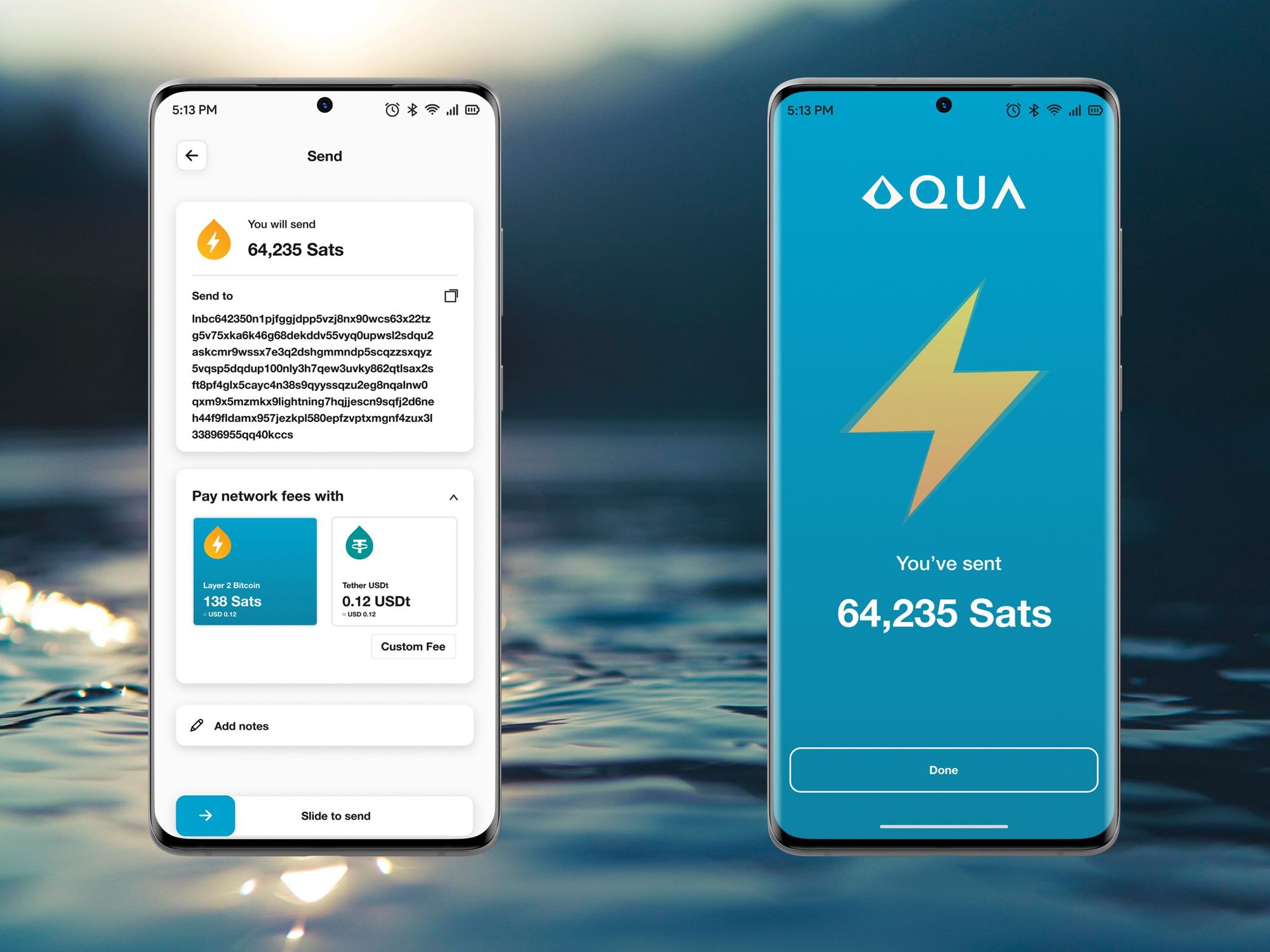 Upcoming features for AQUA Bitcoin wallet app on Android phones with dark ocean water background.
