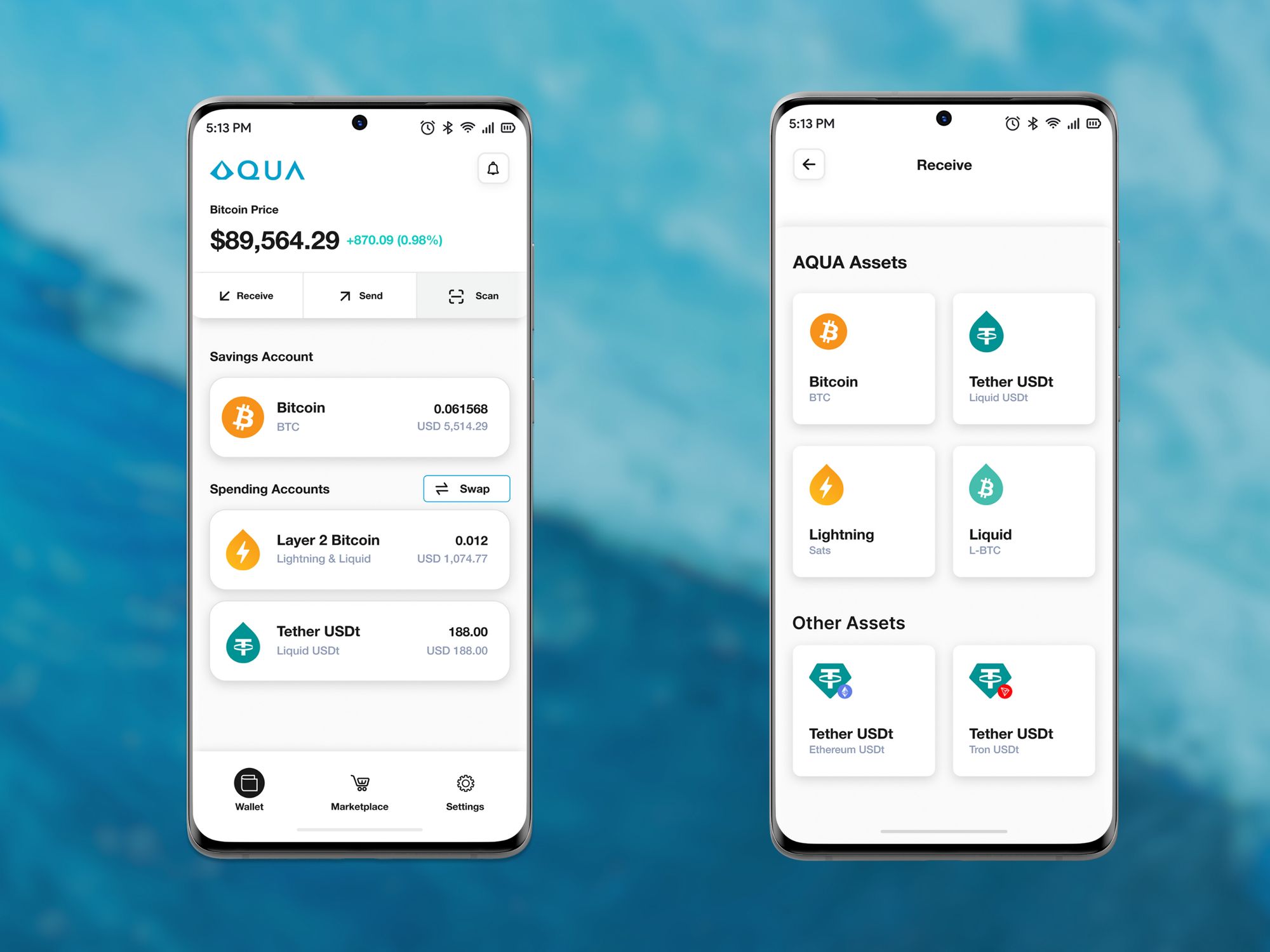 AQUA Bitcoin wallet app on Android phones with ocean water background