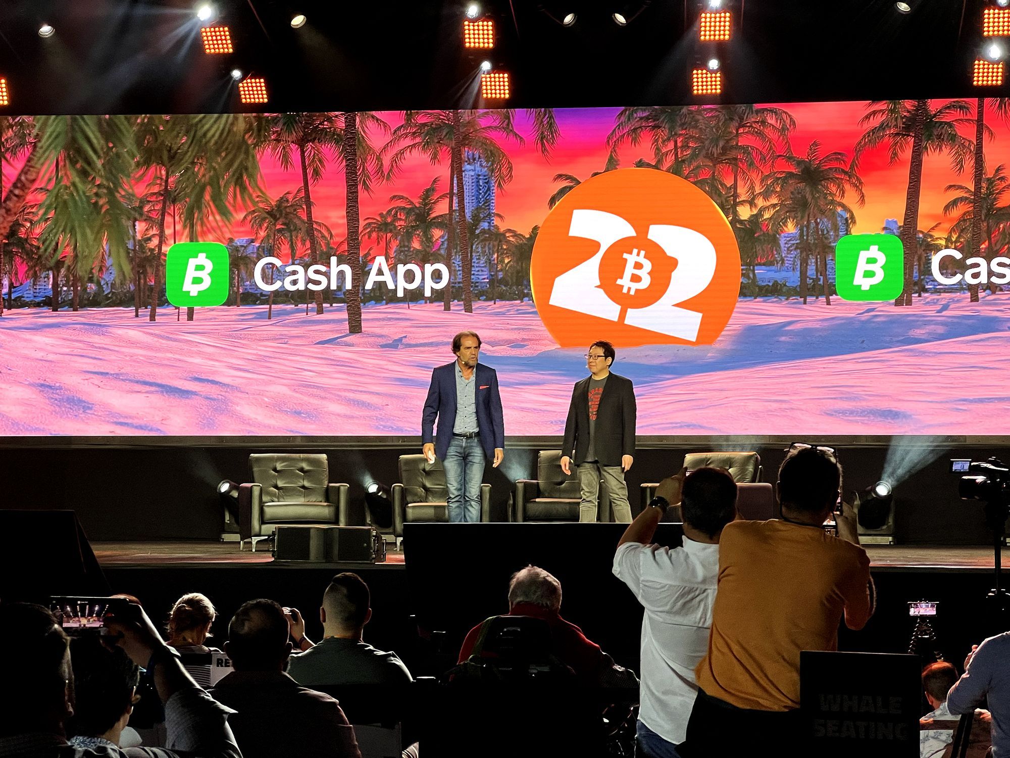 President Albuquerque and Samson Mow on stage at Bitcoin 2022