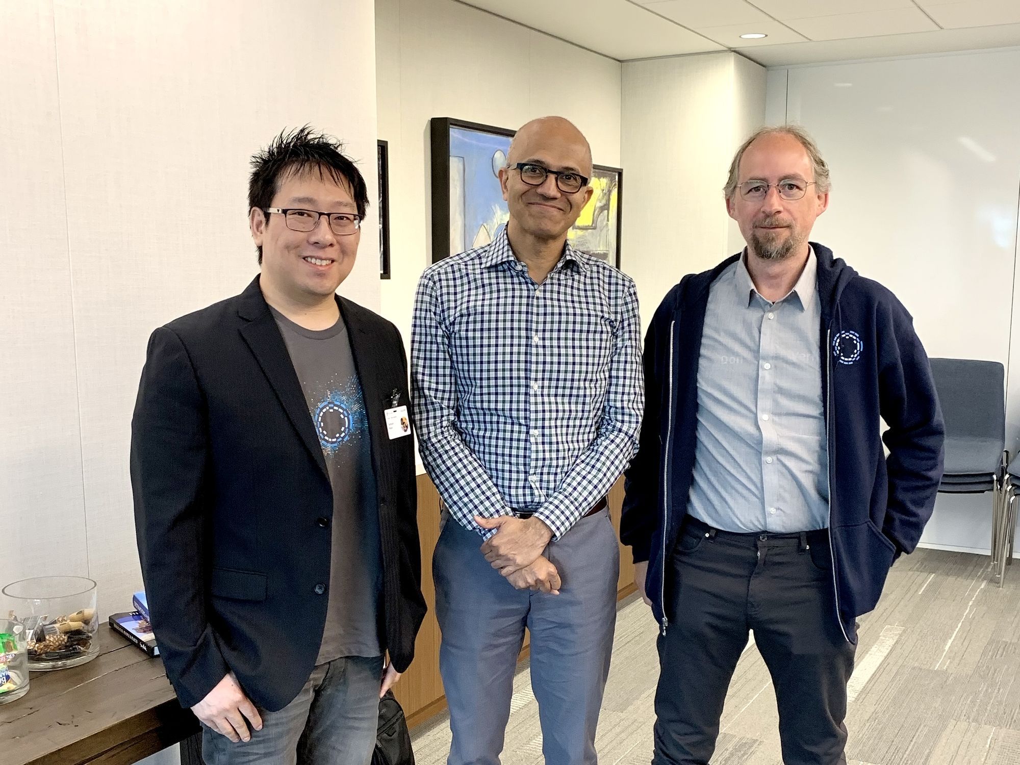 Samson Mow, Satya Nadella, and Dr. Adam Back at Microsoft