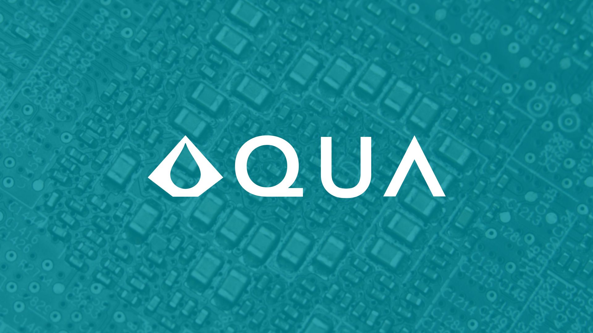 AQUA logo with darkened aquamarine blue PCB background.