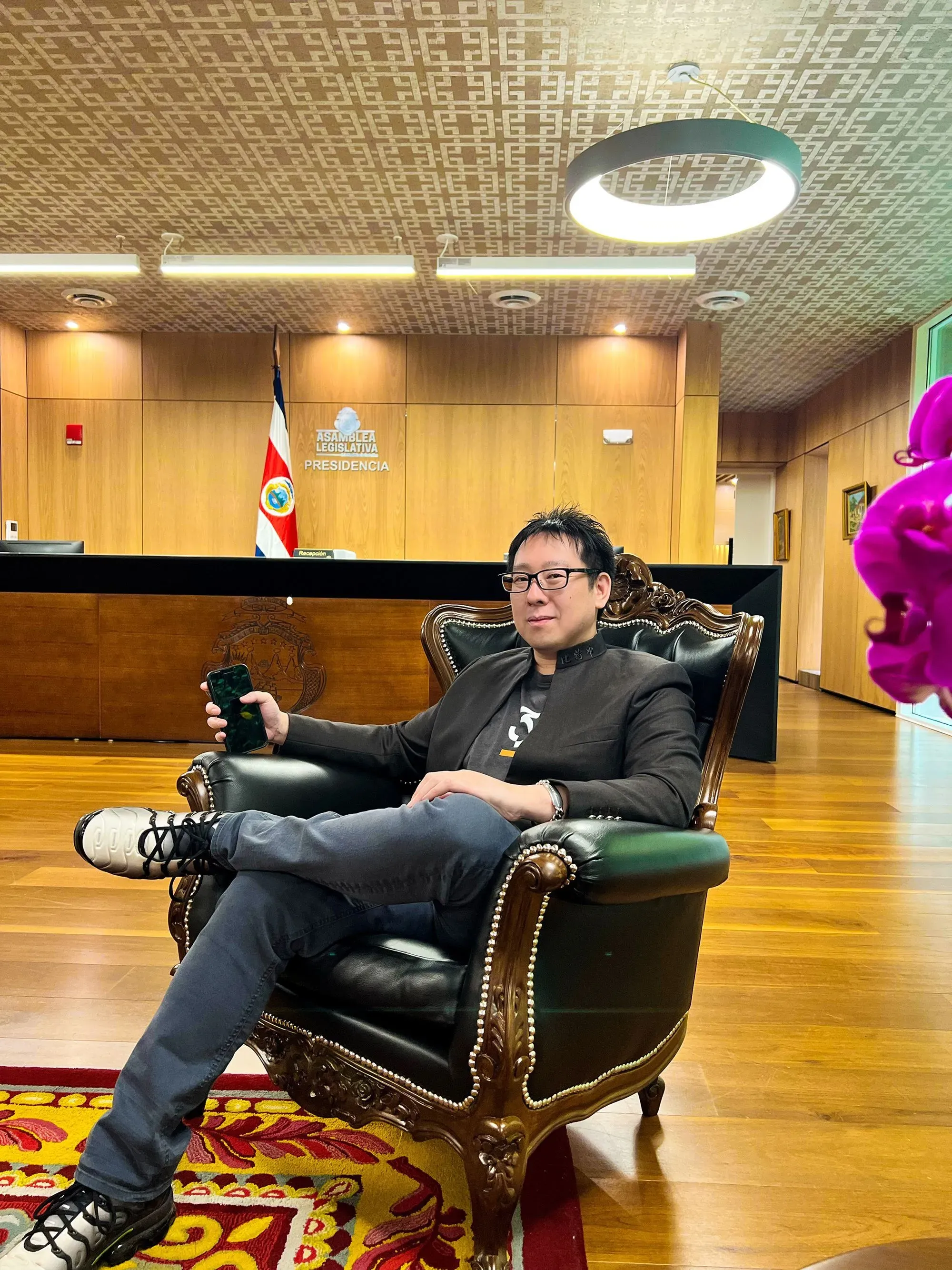 Samson Mow at the office of the President of the Legislative Assembly of Costa Rica